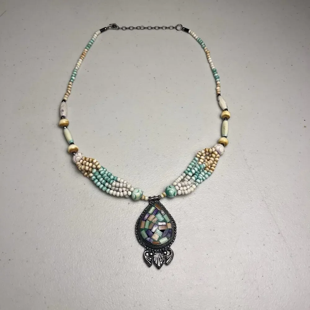 Mosaic Teardrop Pendant Western Tribal Multi Strand Beaded Necklace Silver Tone